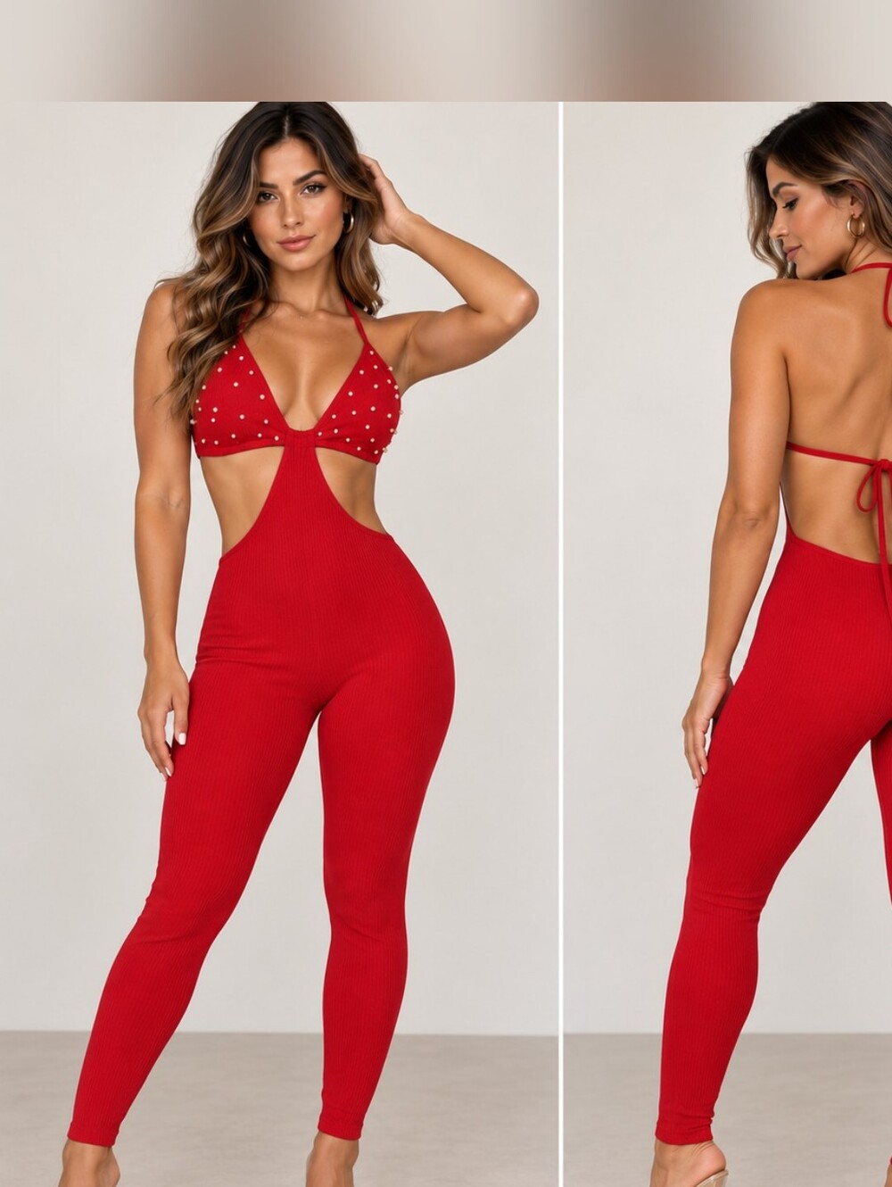 Ribbed Red Bodysuit Cutout Fitted Embellished Size Small Sexy Punk Festival